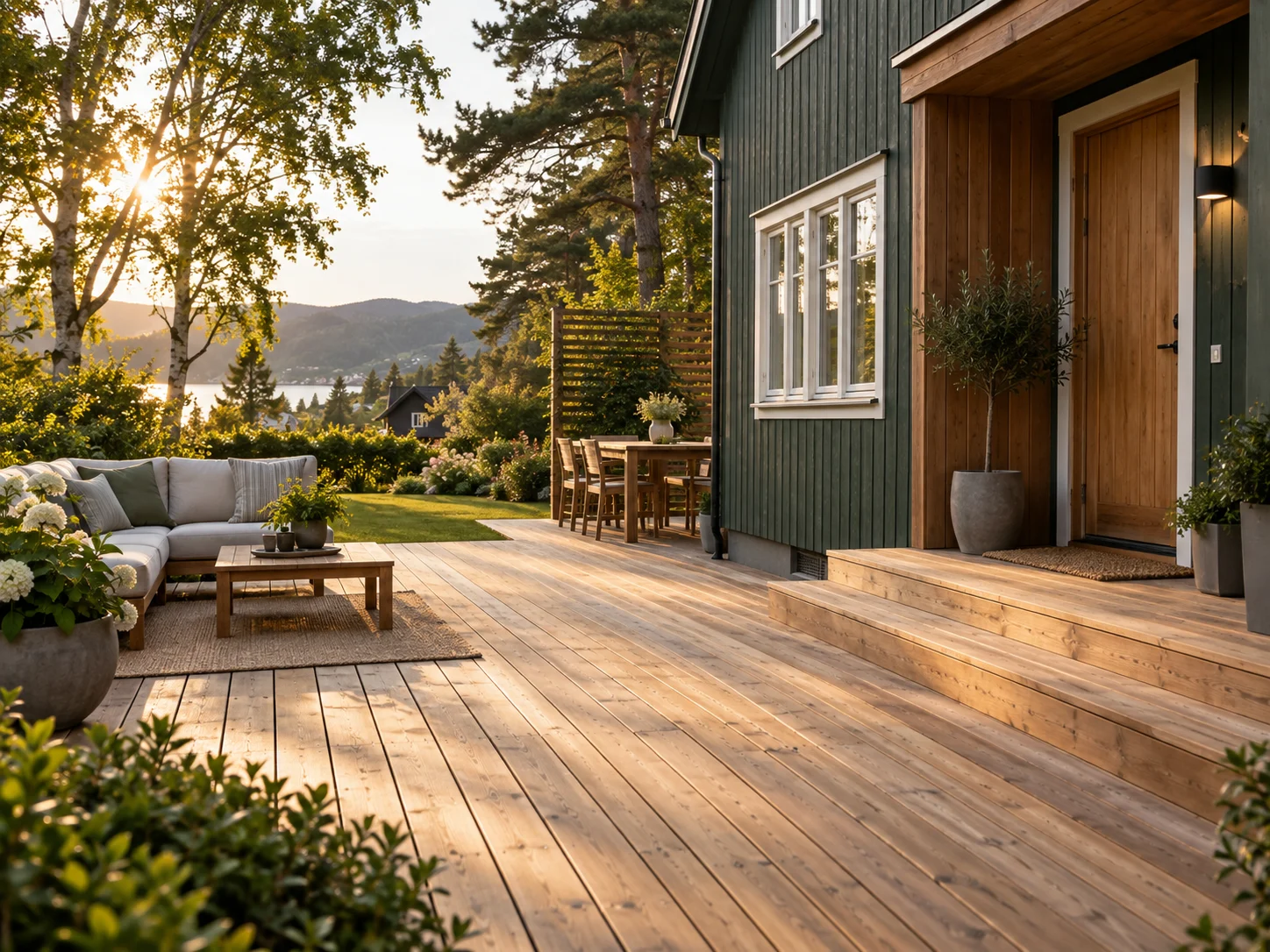 Visualisering av en lys treterrasse ved grønn fasade